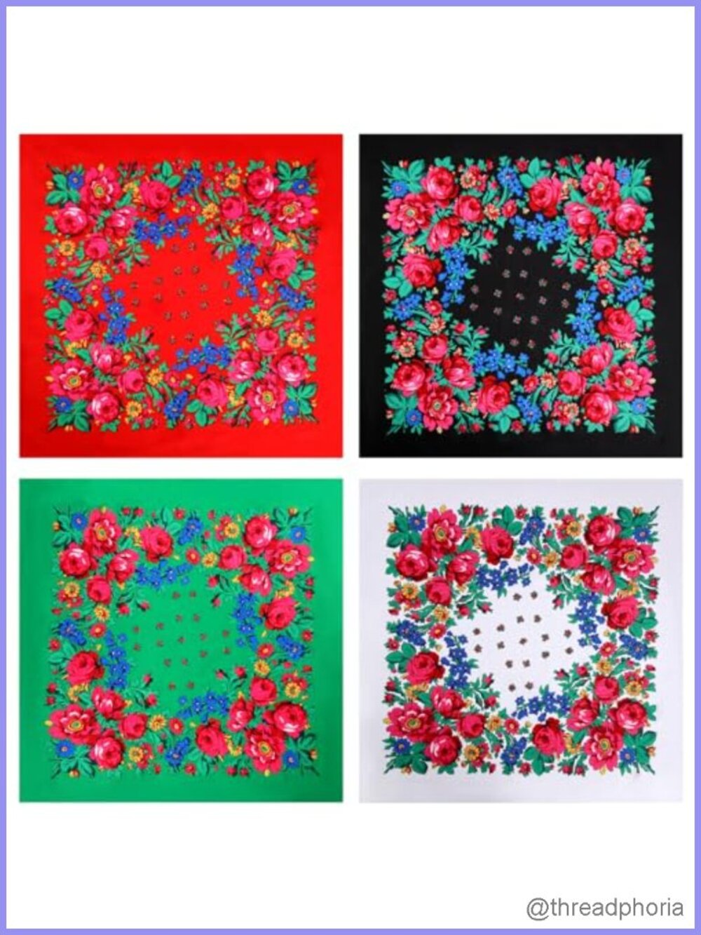 4 Pack Ukrainian Floral Square Scarves Polyester Headwear Shawl Wrap